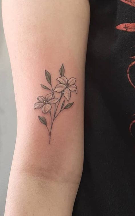 Jasmine Tattoo Design, Indian Jasmine Flower Tattoo, Jasmine Flower Tattoo, Carnation Flower Tattoo, Flower Arm Tattoo, Jasmine Tattoo, Flor Tattoo, Flower Tattoo Ideas, Flower Tattoo Meanings