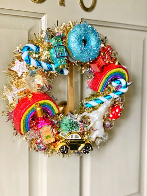 Kitschy Christmas Wreath, Alternative Christmas Wreath, Disco Ball Christmas Wreath, Funky Christmas Wreath, Whimsical Christmas Wreaths, Quirky Wreath, Maximalist Christmas Decor, How To Make A Wreath, Funky Ornaments