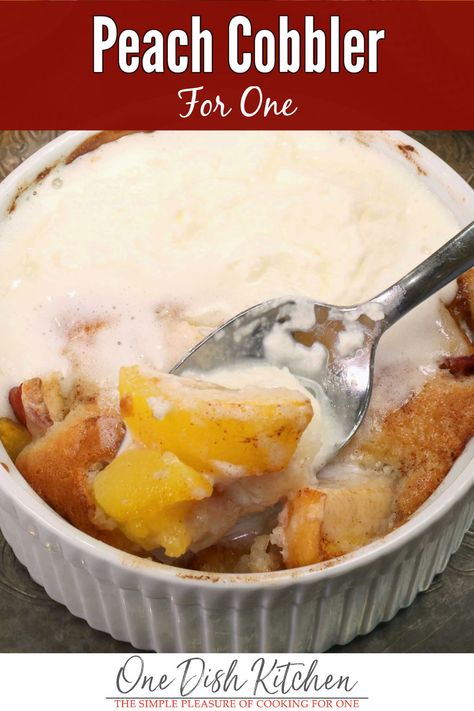 This single serving peach cobbler is so easy to make from scratch and can be made with fresh or canned peaches so you can enjoy it year-round. Served alone, with whipped cream, or with ice cream, this southern fruit-filled dessert is fantastic! Easy One Dish Desserts, Single Peach Cobbler, Peach Cobbler For Two Fresh, Single Serving Peach Cobbler, Single Serve Cobbler, Personal Peach Cobbler, Dessert Recipes For 2 People, Peach Cobbler Mug Cake, Single Serve Peach Cobbler