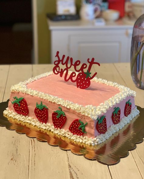 Berry Sweet One Birthday Cake, Strawberry Themed First Birthday Cake, Berry First Bday Cake, Strawberry Themed Birthday Party Cake, Berry First Birthday Sheet Cake, Berry Sweet 1st Birthday Cake, Strawberry Shortcake Birthday Party Idea, Square Cake With Strawberries, Sheet Cake Strawberry Shortcake