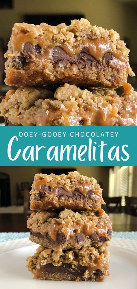 Chocolate Caramel Oat Bars, Recipes With Caramel Chips, Caramelita Cookies, Chocolate Caramelitas, Chocolate And Caramel Desserts, Caramel Bits Cookies, Hard Baking Recipes, Caramel Bits Recipes, Best Cookie Bars