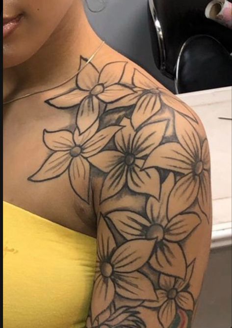 Shoulder Flower Tattoos For Women Black, Top Of The Arm Tattoo For Women, Shoulder Tats Black Women, Upper Shoulder Tattoos For Women, Shoulder Wrap Tattoo, Half Sleeve Tattoos For Women Upper Arm, Top Of Shoulder Tattoos For Women, Tattoo Black Women, Top Of Shoulder Tattoo