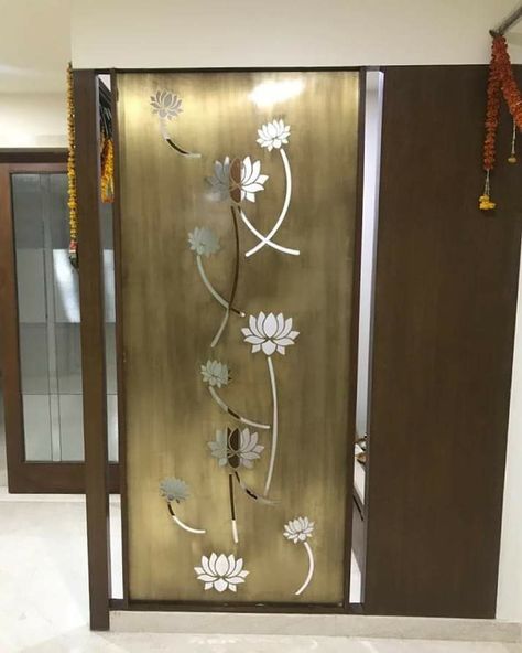 Pooja Room Door Design Glass And Wood, Safety Door Design, Foyer Art, Puja Unit, Glass Partition Designs, Pooja Door, Partition Designs, Glass Door Design, Door Design Photos