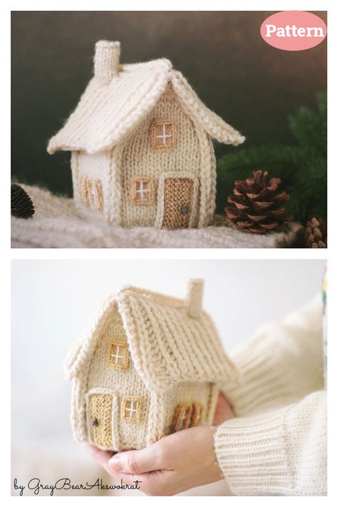 Winter House Knitting Pattern Hygge Knitting Patterns, Knitted Gingerbread House Free Pattern, Gingerbread Knitting Pattern, Knitted House Pattern, Knitting For Christmas, Crochet Christmas Village Free Pattern, Knitting Gift Ideas Christmas, Winter Crochet Amigurumi, Knit Christmas Gifts