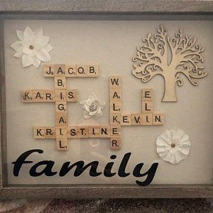 Shadow Box Ideas, Happy Birthday Wine, Sarah Jackson, Box Frame Art, Scrabble Frame, Scrabble Art, Birthday Wine Glass, Custom Family Tree, Custom Shadow Box