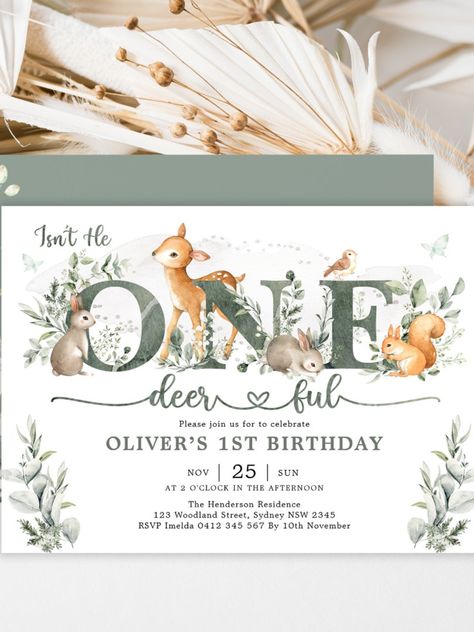 Sage Green Woodland One-deerful 1st Birthday Boy Invitation #birthday #happybirthday #birthdaycards #birthdayparty #deer #wild #animals First Birthday Boy Woodland Theme, Onedeerful Deer Birthday Boy, One Deer Ful Birthday Party Boy, Green Birthday Theme, Sage Green Birthday, Wild One Party Invitation 1st Birthdays, Woodland Invitation Birthday, 1st Birthday Boy, Green Birthday