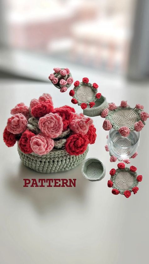 Crochet Rose coaster pattern, Cute flower basket pattern, do it yourself for home decoration, Beginner crochet, Easy crochet tutorial Flower Pot Coaster Crochet, Coaster Flower Crochet, Crochet Rose Coaster, Flower Bouquet Crochet Coasters, Sunflower Coaster, Crochet Flower Cup Coaster, Crochet Coffee Cozy, Diy Crochet Patterns, Coaster Pattern