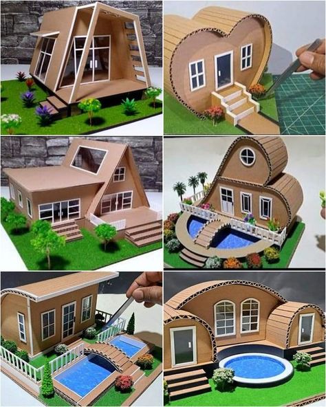 Miniature Houses Diy Cardboard, Mading 3d, Miniature School, Cardboard Houses, Matchbox Crafts, Fairy House Crafts, Cardboard Box Crafts, Fairy House Diy, Diy Table Decor