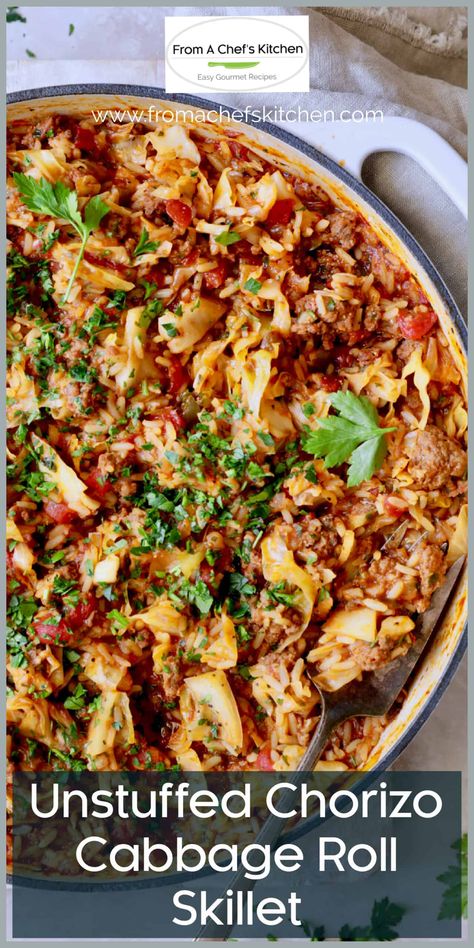 Chorizo And Cabbage Recipes, Chorizo Recipes Dinner Casserole, Chorizo Cabbage Recipes, Chirozo Recipes, Recipes With Chorizo Sausage, Cabbage Roll Skillet, Chorizo Recipes Dinner, Salsa With Canned Tomatoes, 2023 Meals