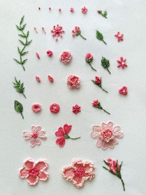 Small Flower Embroidery Designs, Small Embroidery Flowers, Tiny Flower Embroidery, Small Embroidery Designs, Coquette Embroidery, Simple Flower Embroidery, Small Flower Embroidery, Pink Flower Embroidery, Sulaman Pita