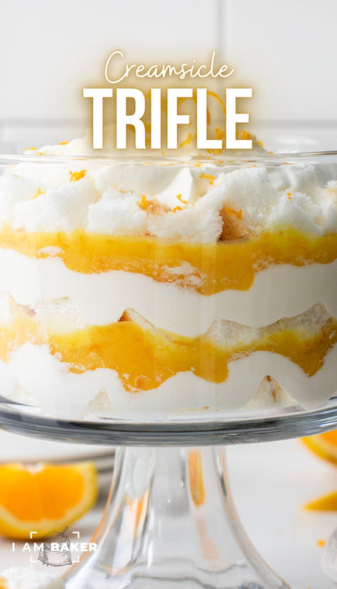 This Creamsicle Trifle is a refreshing dessert featuring layers of angel food cake, homemade orange curd, and light, fluffy whipped cream. Not only is it delicious, but it also looks as good as it tastes when showcased in a clear dish! Orange Trifle Recipes, Cherry Ice Cream Pie, Orange Trifle, Angel Food Cake Trifle, Chocolate Cherry Ice Cream, Easy Impressive Dessert, Trifle Recipes, Orange Curd, Baked Dessert