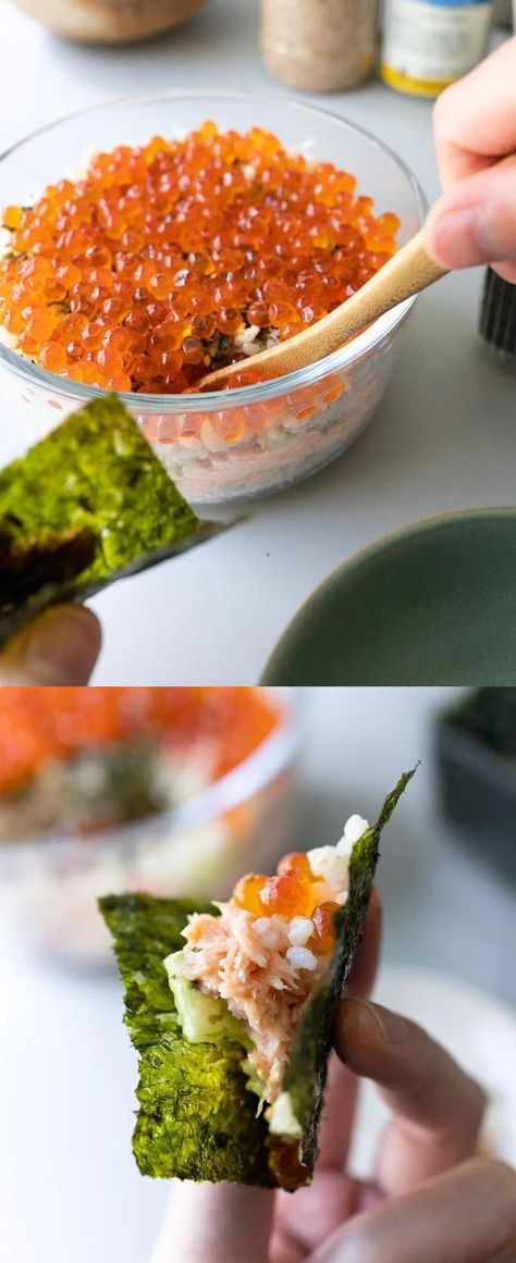 Pan Sushi | Onolicious Hawaii ~ A popular Hawaii potluck dish, easy to make for a crowd & convenient to eat. Adaptable to favorite fillings that are layered instead of rolled. Ingredients typically consist of sushi rice, crab/tuna/salmon mixed with mayonnaise, furikake seasoning, cucumbers, avocado, & tobiko (red caviar). Scoop a little from the dish & put it on small cut sheets of nori to eat. #Asian-style Ono Hawaiian Recipes, Pan Sushi Recipe, Tobiko Recipe, Easy Diy Sushi, Onolicious Hawaii, Pan Sushi, Hawaiian Cuisine, Crab Avocado, Sushi Wrap