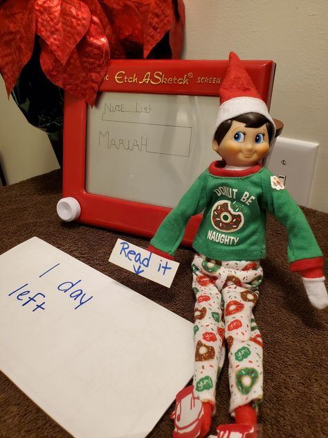 Our elf Mark letting us know that 1 day is left till Christmas. 1 Day Left, Day Left, Christmas Elf, 1 Day, Elf On The Shelf, Elf, Holiday Decor, Christmas