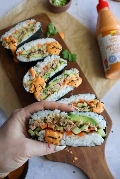 This onigirazu, aka Japanese sushi sandwich, is perfect for using up leftover sushi rice. Add your favorite fillings, rice, and wrap it in a nori sheet. It makes a great lunch and is the perfect option to enjoy sushi on the go. Leftover Sushi Rice, Noodles Dishes, Japanese Sandwich, Sushi Wrap, Bento Box Recipes, Seafood Sushi, Asian Rice, Sushi Sandwich, Japanese Sushi