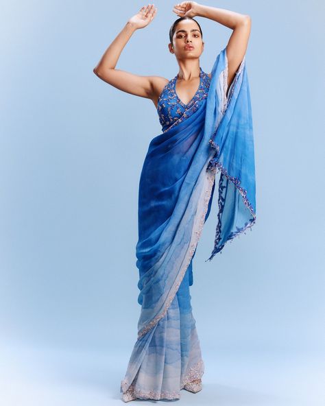 "Zana" Chiffon Ombre Saree with a Blouse Cornflower Blue Ombre Chiffon Embellished Border Saree with a Fully Embroidered Blouse Photographer - @nishanth.radhakrishnan Hair & Makeup - @leeview_makeup Models - @monabhujel @_akankshahere @____priyajain____ Available at Delhi and Mumbai Stores #resort #champa #springsummer24 #indianbride #dollyjstudio #weddinggown #weddinginspo #dollyjbride #dollyjlehenga #dollyjgown #couture #bridalgown #wedmegood #lehenga #dollyj #summercollection #bridalg... Dress Code Guide, My Culture, Border Saree, Cultural Appropriation, Elegant Saree, Guest Dress, Indian Outfit, Desi Fashion, Bridesmaid Gown