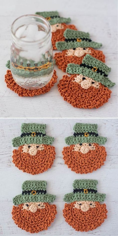 Here is an excellent last-minute gift idea for St Patrick’s Day! Crochet these funny leprechaun coasters with a free pattern. They create a festive mood, look lovely, and, I believe, will bring fortune. It’s an easy project for intermediate-level crocheters, but if you carefully follow the instructions, adventurous beginners can also try it. #freecrochetpattern #crochetcoaster #leprechauncoaster #leprechaun #stpatricksday Crochet Conversion Chart, Change Colors In Crochet, Crocheted Things, Crochet Holiday, Crochet Coasters Free Pattern, Coaster Pattern, Crocheting Ideas, Crochet Earrings Pattern, Crochet Coaster