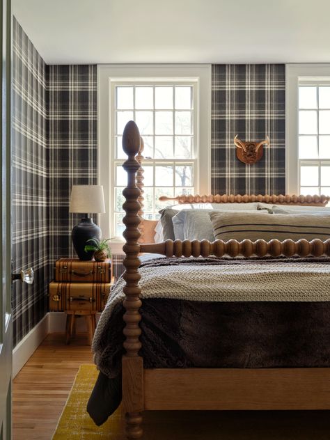 Plaid Room Ideas, Plaid Wallpaper In Bedroom, Basement Styling, Plaid Wallpaper Bedroom, Plaid Wallpaper And Wainscoting, Plaid Nursery Wallpaper, Dark Plaid Wallpaper, Boys Room Plaid Wallpaper, Plaid Bedroom