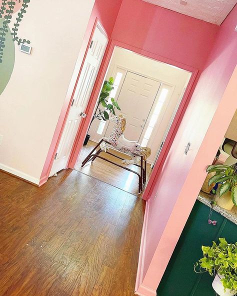 Sherwin Williams Jaipur Pink SW 6577 hallway In The Pink Sherwin Williams, Sherwin Williams Best Pinks, Sw Exuberant Pink, Pink Front Door Sherwin Williams, Charming Pink Sherwin Williams, Exuberant Pink Sherwin Williams, Pink Sherwin Williams, Tupelo Tree, Pink Paint Colors