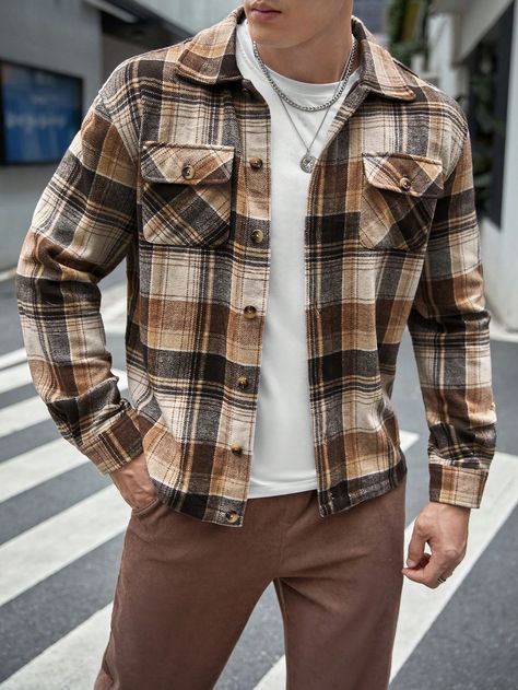 Multicolor Casual Collar Long Sleeve Woven Fabric Plaid Other Embellished Non-Stretch  Men Clothing Mens Church Outfit, Prenup Outfit, Plaid Jacket Outfit, Woods Outfit, Plaid Outfits Fall, Mens Fall Outfits, Rustic Outfits, Lesbian Outfits, Winter Date Night Outfits