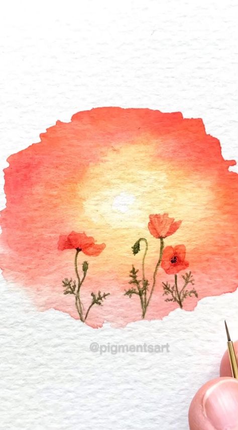 Red Flowers Watercolor Painting, Easy Watercolor Pictures To Paint, How To Paint A Watercolor Sunset, Red Watercolor Art, Poppy Watercolour Painting, Watercolor Shading Techniques, Diy Watercolor Flowers, Watercolor Poppy Flower, Abstract Watercolor Flowers Tutorial