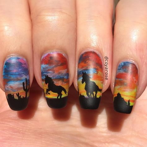 Southwestern desert sunset horse cowboy western nails nail art Horse Nail Art, Horse Nails, Cowboy Nails, Concert Nails, Horse Cowboy, Western Nails, Country Nails, Sky Nails, Nail Room