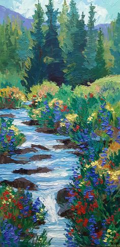 Summer On Blue Creek by Laura Reilly, Acrylic, 24 x 12 Arte Van Gogh, Landscape Paintings Acrylic, Beginner Painting, Art Inspiration Painting, Painting Art Projects, Nature Paintings, Pretty Art, Abstract Expressionism, Painting Inspiration