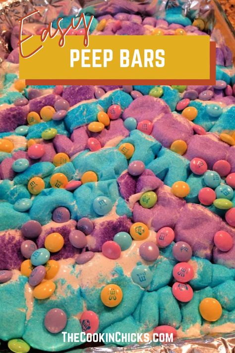 Easter Desserts With Marshmallows, Peeps Dessert Ideas, Peep Bars, Peeps Dessert, Yummy Easter Desserts, Peeps Cake, The Cookin Chicks, Gooey Cake, Chicke Recipes