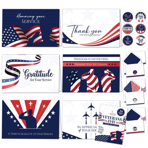 PRICES MAY VARY. HONOR THE VETERANS - Show your appreciation to the brave heroes with these veterans day cards, perfect for your heartfelt messages. These 6x4in veterans day card have a printed message on the inside to help you express your appreciation. MATCHING ENVELOPES & STICKERS - Mix & match the military thank you cards with envelopes & stickers. Get 24 cards for veterans in 6 designs, 24 envelopes with pre-water soluble gum closure in 3 designs & printed lining & 24 sticker seals in 6 des Veterans Day Cards Handmade, Cards For Veterans, Veterans Day Cards, Veterans Day Thank You, Patriotic Cards, Honor Flight, Military Cards, Thank You Veteran, Veterans Day Gifts