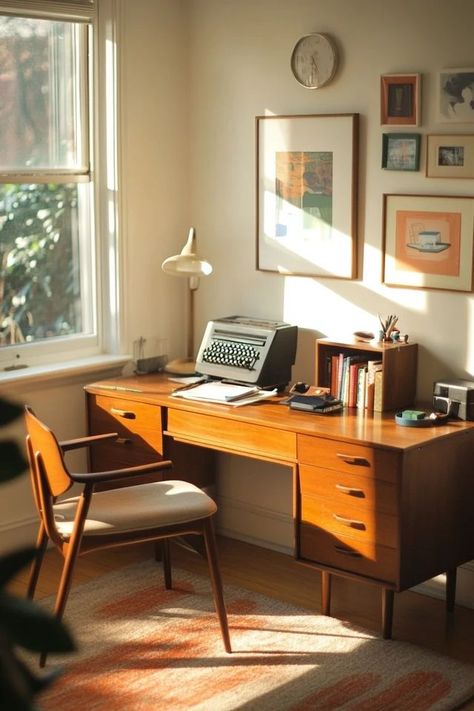 "Create a stylish and functional workspace with a Mid-Century Modern Home Office! 📚🖥️ Sleek lines, iconic furniture, and warm wood tones make for a productive and elegant environment. 🌟✨ #MidCenturyModern #HomeOfficeDesign #InteriorStyle" Mid Century Modern Home Office, Warm Wood Tones, Modern Workspace, Mid Century Modern Home, Iconic Furniture, Wood Tones, Modern Home Office, Office Inspiration, Home Office Design