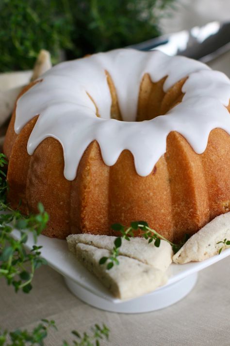 Lemon And Thyme Cake, Lemon And Thyme Drizzle Cake, Lemon Thyme Cake, Thyme Cake, Bunt Cake Recipe, Start Morning, Lemon Bundt Cake Recipe, Baking Competition, British Baking Show