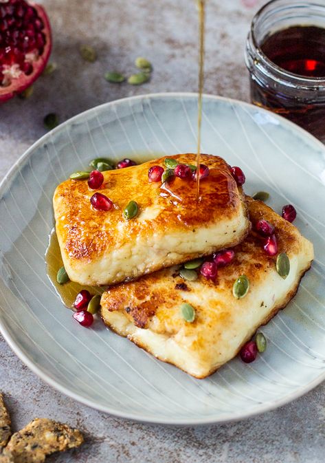 Seared Halloumi with Pomegranate and Maple Syrup - Lean Green Nutrition Fiend Seared Halloumi, Halloumi Recipes, Green Nutrition, Haloumi Recipes, World Recipes, Veggie Dishes, Maple Syrup, Appetizer Snacks, Savoury Food