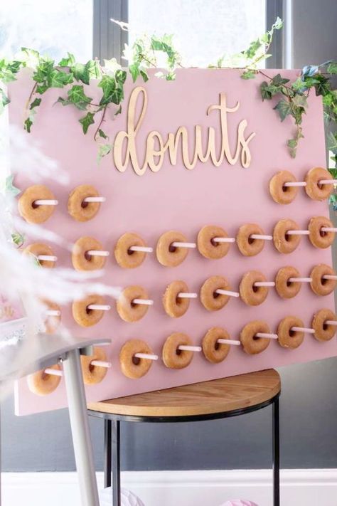 Fall in love with this fab Galentine's day party! The donut wall is so cool!! See more party ideas and share yours at Catchmyparty.com #catchmyparty #partyideas #galentines #gals #galentinesdayparty #galentinesday #donutwall Pink Donut Wall, Senior Breakfast, Day Party Ideas, Holiday Soiree, Birthday Donuts, Rustic Party, Donut Wall, Bridal Shower Cakes, Valentine's Day Party