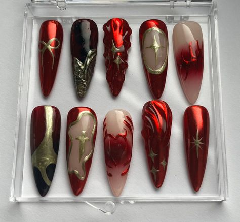 Red and gold chrome nails with 3D accents.  Photos show the long stiletto style. DISCLAIMER! All nails are hand painted so design and colours may differ slight from photos. Gold Stiletto Nails, Red And Gold Nails, Hippie Nails, Gel Nails Diy, Edgy Nails, Grunge Nails, Red Nail Designs, Glam Nails, Chrome Nails