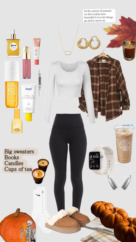 fall outfit 🧡🍂🍁 q- when do you decorate for fall/halloween? #fall #shufflefyp #inspo #skincare #outfit #preppy #outfitinspo #nature #beauty Outfit Inspo With Mini Uggs, Fall Outfit Inspo Shuffles, Cute Fall And Christmas Outfits, Outfits To Wear In The Cold, October Casual Outfits, Cute Fall Outfits For School Casual, Fall Fits Inspiration, Cute Winter/fall Outfits, Cute Outfits For When Its Cold