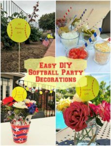 Easy DIY Softball Party Decorations - DIY Inspired Softball Birthday Party Ideas, Softball Party Decorations, Crafts For Party, Softball Birthday Party, Dugout Mom, Party Decorations Centerpieces, Softball Banquet, Softball Birthday Parties, Softball Tips