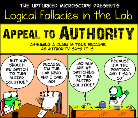 LF15 Appeal to Authority Fallacy Examples, Lab Humor, Logic And Critical Thinking, Science Comics, Cool Blog, Logical Fallacies, University Teaching, The Scientific Method, Cognitive Bias