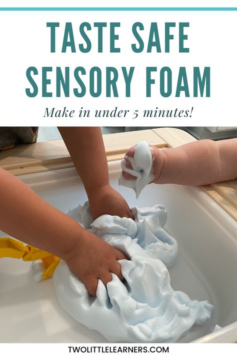 This post is all about how to make taste safe sensory play and chickpea foam for sensory bins. This sensory activity for toddlers is easy to make! Learn how to make a chickpea foam sensory bin and edible foam for babies. Find the chickpea foam recipe at twolittlelearners.com Cheerio Sand Sensory Bin, Cotton Candy Sensory Bin, Cheerio Sensory Play, Sensory Bins Taste Safe, Chickpea Foam Play, Edible Messy Play For Babies, Edible Foam For Babies, Taste Safe Foam, Bread Sensory Bin