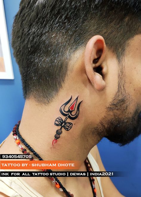 #TATTOOBY-SHUBHAMDHOTE #CLL-9340545705 #INKFORALL TATTOO STUDIO Trishul Tattoo For Neck, Shivji Trishul Tattoo, Trishul Tattoo Designs Neck, Mahadev Neck Tattoo, Shiv Neck Tattoo, Trishul Neck Tattoo, Trishul Tattoo Designs On Hand, Trishul Tattoo Designs Small, Tettu Design Tattoo