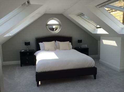 Grey, loft bedroom. Finished at last! Loft Extensions, White Attic, Attic Bedroom Decor, Loft Bedroom Ideas, Attic Conversions, Small Attic Bedroom, Loft Bedrooms, Attic Bedroom Ideas, Loft Conversion Bedroom