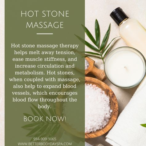 If you're feeling tense and in need of some relaxation, a hot stone massage might just be what you need. This type of massage therapy involves using heated stones to apply pressure and heat to the body, helping to relieve muscle tension and promote relaxation. Book today by giving us a call at 954-909-9065! Hot Stone Massage Benefits, Massage Business, Better Body, Hot Stone Massage, Stone Massage, Massage Benefits, Hot Stones, Body Spa, Muscle Tension