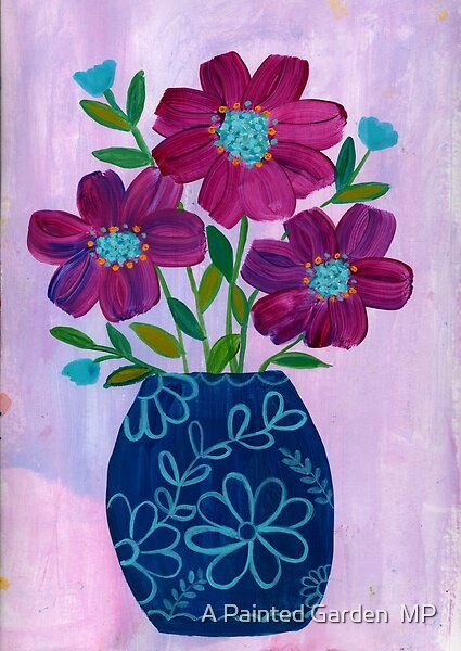 Purple Flowers In a Blue Flower Vase  by A Painted Garden  MP | Redbubble Blue Flower Vase, Back To School Art, Abstract Flower Painting, Simple Flowers, Rose Art, Flower Doodles, Flower Art Painting, Learn To Paint, Abstract Flowers