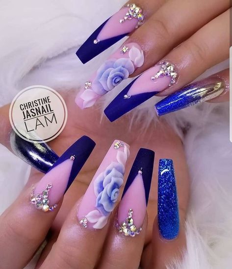 So beautiful color and design  keep follow-up her nail @christine__nails  Jasnail.com _____________________________-------_____________… Royal Blue Nails, Acrylic Nails Coffin, Luxury Nails, Coffin Nails Designs, Bling Nails, Pretty Acrylic Nails, Fancy Nails, Nail Supply, Creative Nails