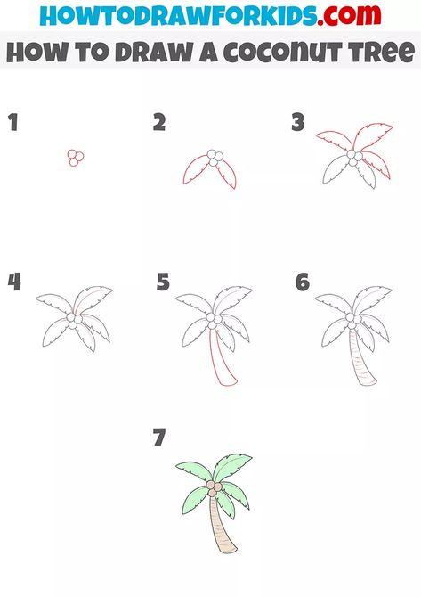 Coconut Tree Drawing Easy, How To Draw Coconut Tree, How To Draw Palm Trees, Coconut Drawing, Coconut Tree Drawing, Tree Drawing For Kids, Learning To Draw For Kids, Landscape Drawing Tutorial, Draw Trees