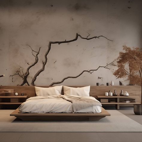 Samurai Bedroom Ideas, Concrete Bedroom Design, Mountain Bedroom Ideas, Dark Japandi, Japandi Bed, Goa Villa, Concrete Bedroom, Wabi Sabi Bedroom, Mountain Bedroom