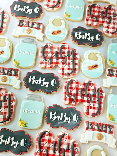 Neutral Bbq Decor, Girl Bbq Baby Shower Ideas, Babyque Cookies, Bbq Themed Gender Reveal, Gender Reveal Ideas For Party Theme Bbq, Gender Reveal Ideas Bbq, Babyque Shower Ideas Boy, Babycue Ideas, Bbq Theme Cookies