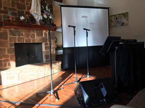 Karaoke setup at private residence. Karaoke Party Ideas At Home, Karaoke At Home, Ceiling Projector, Rustic Centerpiece, Karaoke System, Karaoke Party, Party Setup, Projection Screen, Rustic Centerpieces