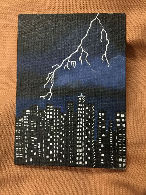 Night Aesthetic Painting Easy, Lightning Bolt Painting Canvas Easy, Storm Canvas Painting, Thunderstorm Painting Easy, Asethic Paintings Easy, Easy Lightning Painting, Lightning Art Paintings, Lightening Painting Easy, Lighting Canvas Painting