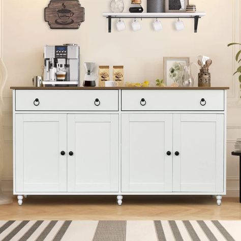 PRICES MAY VARY. [Ample Space 3 Drawers 3 Doors]: White buffet credenza has 3 cabinets with adjustable shelves inside the doors can meet your storage needs for different items, you can put your dinner plates, mugs, wine and canned goods neatly together, and there is a spacious table top enough to store your coffee maker, microwave oven, and also can put some of your daily necessities. [Mid-century Modern Style]: Drawer black metal pull ring with the bottom 6 mid-century feet and give a sense of Diy Kitchen Buffet Cabinet, White Buffet Table, Modern Buffets And Sideboards, Modern Buffet Table, White Buffet Cabinet, Mid Century Modern Buffet, White Sideboard Buffet, Diy Buffet, Bar Hutch