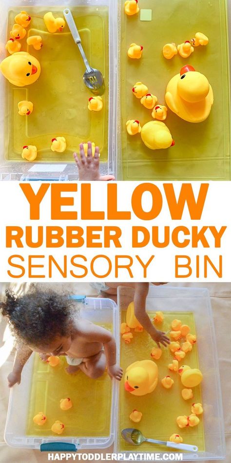 Yellow Rubber Ducky Sensory Bin | HAPPY TODDLER PLAYTIME Colour sensory bins for toddlers are a fabulous way to introduce and teach colours.  Here is a great idea to help introduce your toddler to the colour yellow using a toy they probably see everyday - their rubber duck! #toddler #sensoryplay #preschoolactivities Yellow Colour Activity For Preschool, Color Yellow Crafts For Toddlers, Color Yellow Activities For Preschool, Colour Activities For Toddlers, Ducks Preschool, Yellow Activities, Lil James, Sensory Bins For Toddlers, Stimulating Activities