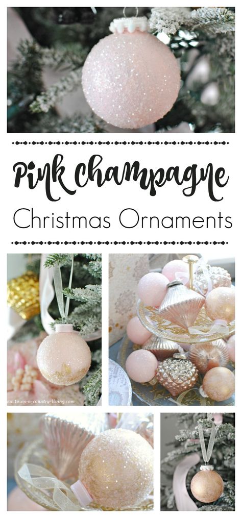 Pink Champagne Christmas Ornaments. See How to Make Your Own Today! Shabby Chic Christmas Ornaments, Shabby Chic Christmas Tree, Champagne Christmas, Pink Ornaments, Chic Christmas Decor, Pink Christmas Ornaments, Rose Gold Christmas, Pink Xmas, Pink Ornament